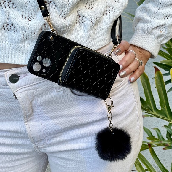 Black Leather Crossbody iPhone Case for 12/13/14/15/16 - Pro, Max, Plus - Picture 6 of 10